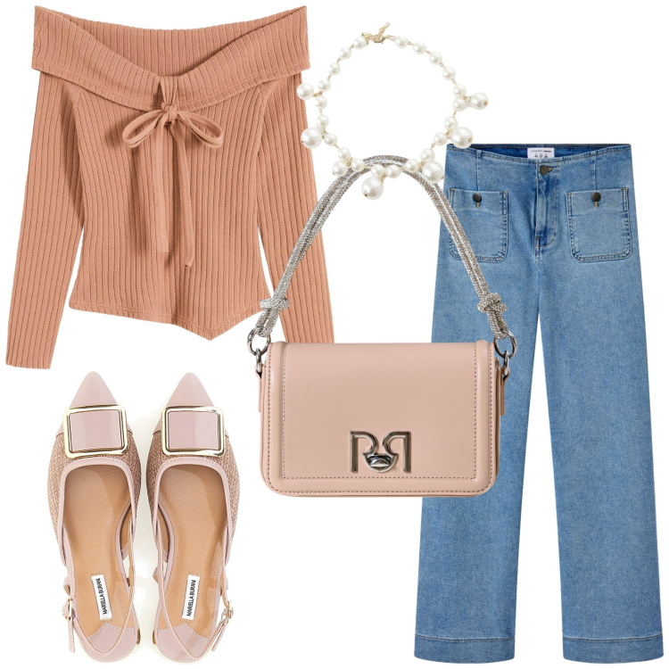 Outfit donna - Semplice e femminile. Stile Romantica per Tutti i giorni. Abbinamento con maglieria, jeans, borse a mano, collane, ballerine.