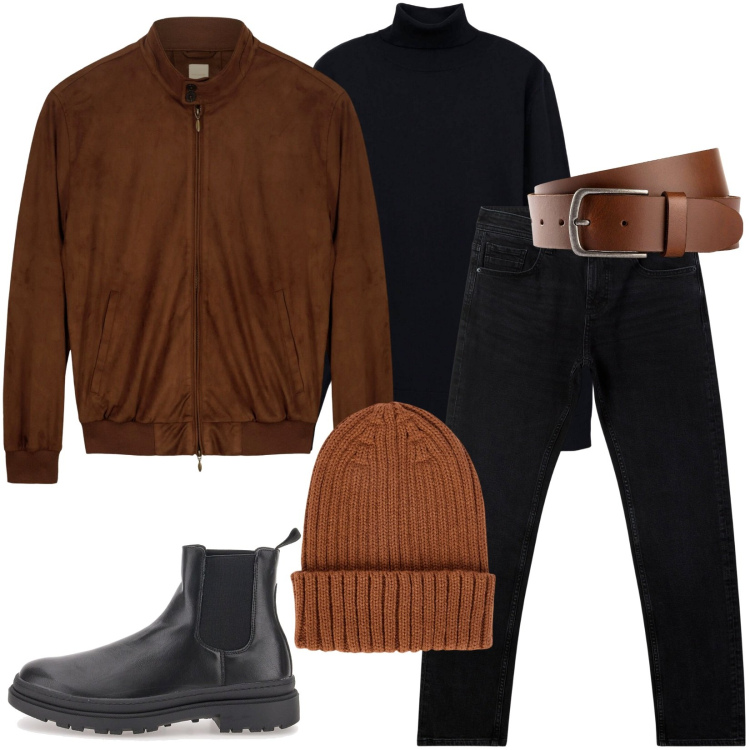 Outfit uomo - Total look #2260967. Stile Casual per Ufficio. Abbinamento con cinture, jeans, maglieria, giacche, stivali e stivaletti, berretti.