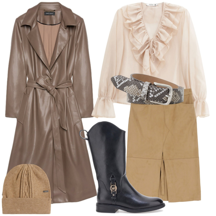Outfit donna - Moda metropolitana. Stile Trendy per Ufficio. Abbinamento con camicie, cinture, gonne longuette, berretti, stivaletti, trench.