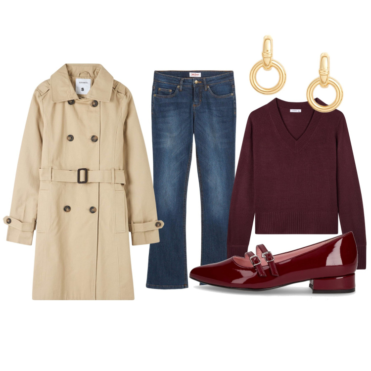 Outfit donna - Il Trench di Terranova. Stile Casual per Tutti i giorni. Abbinamento con jeans bootcut, trench, maglieria, orecchini, ballerine.