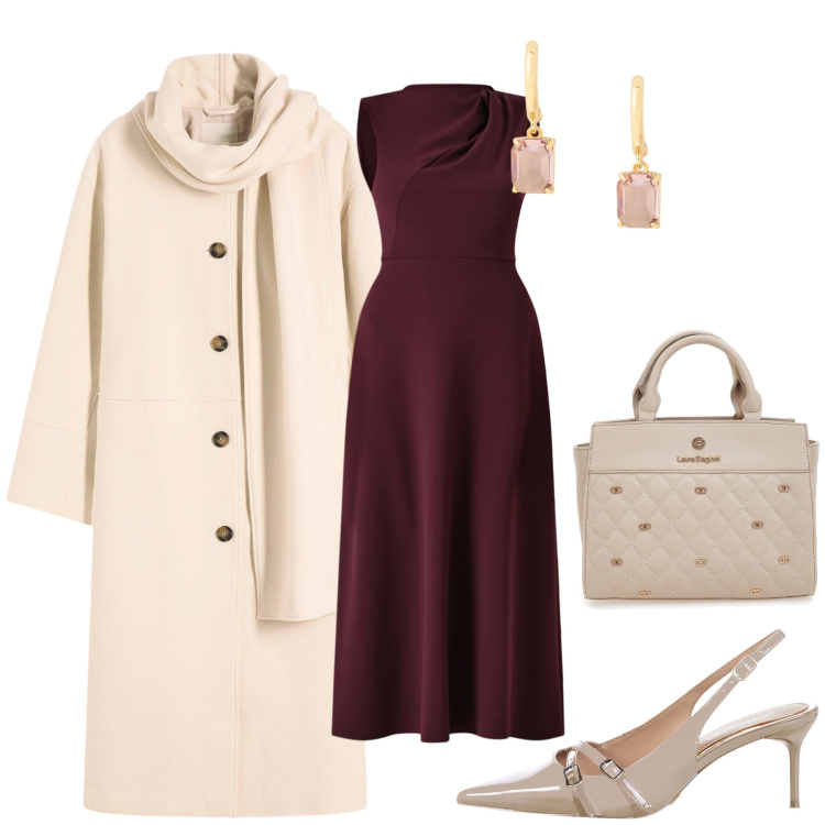 Outfit donna - Un dolce abbraccio. Stile Glamour per Serata fuori. Abbinamento con cappotti, vestiti midi/longuette, décolleté, orecchini, borse a mano.