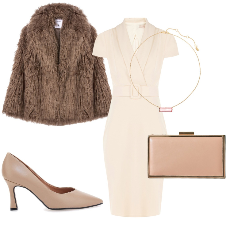 Outfit donna - Delicati colori. Stile Glamour per Serata fuori. Abbinamento con ecopellicce, vestiti a tubino, pochette, collane, décolleté.