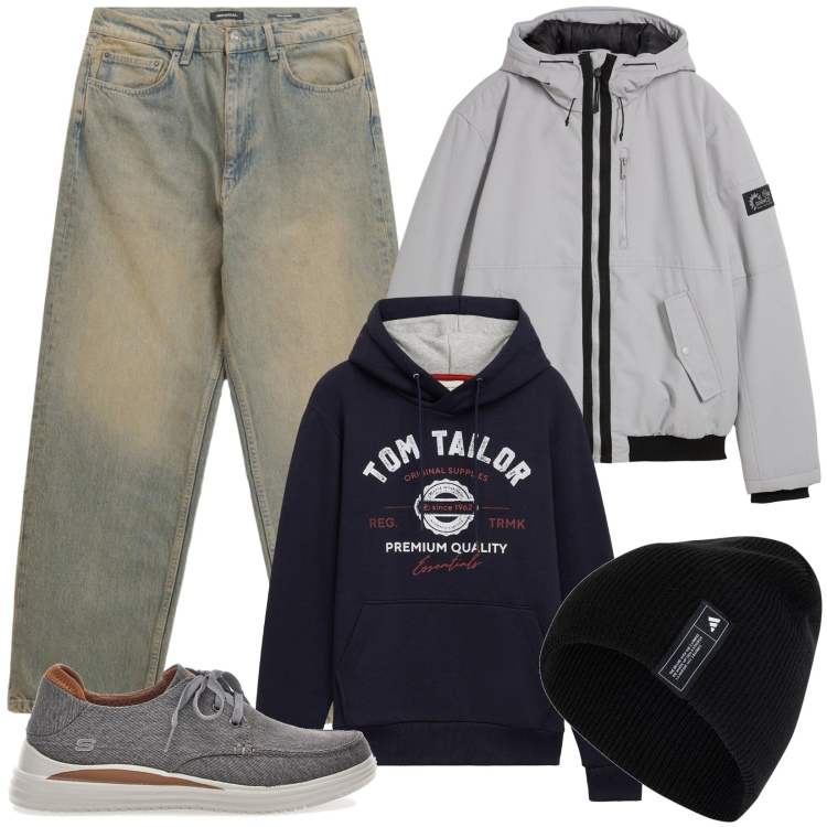 Outfit uomo - Nella natura. Stile Casual per Sport. Abbinamento con piumini, felpe con cappuccio, jeans, scarpe stringate, berretti.