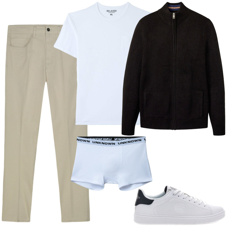 Outfit uomo - Total look #2260984. Stile Casual per Tutti i giorni. Abbinamento con cardigans, boxer, t-shirt, pantaloni, sneakers.