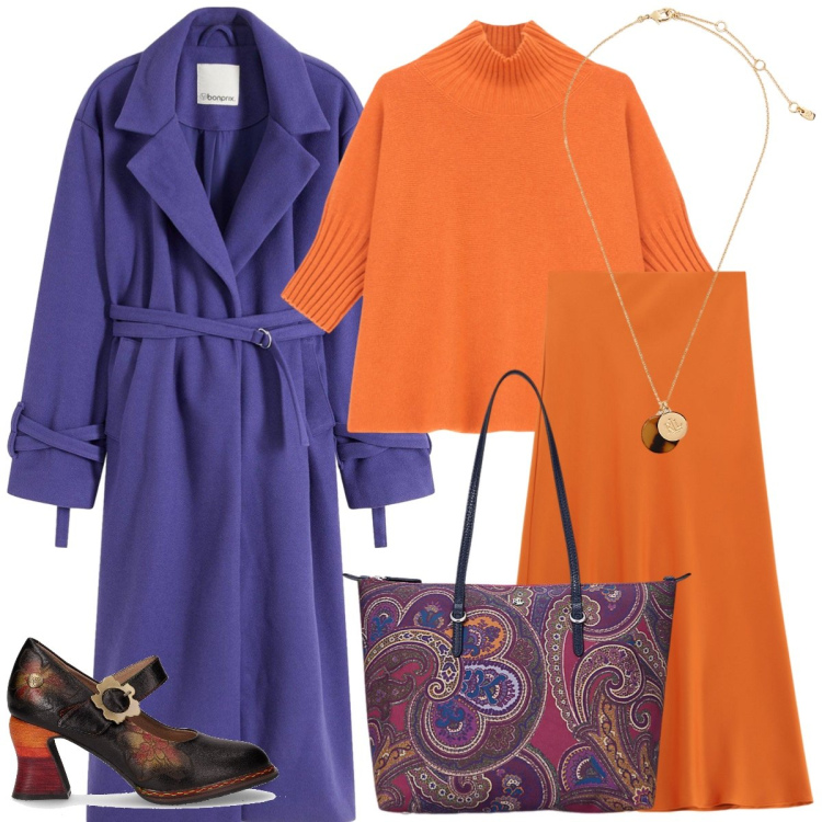 Outfit donna - Total look #2260986. Stile Casual chic per Tutti i giorni. Abbinamento con cappotti, maglieria, gonne lunghe, borse tote, collane, décolleté.