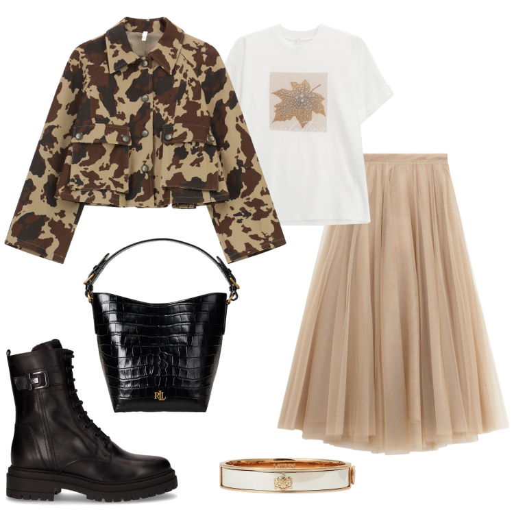 Outfit donna - Autunno a colori. Stile Casual per Tutti i giorni. Abbinamento con cappotti, t-shirt, gonne lunghe, borse a secchiello, braccialetti, anfibi.