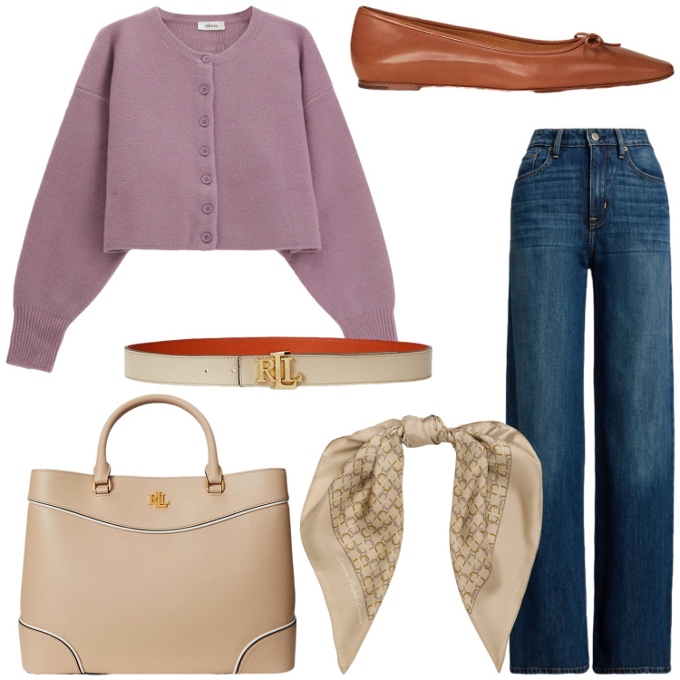 Outfit donna - Maglioncino color glicine. Stile Romantica per Tutti i giorni. Abbinamento con cardigans, cinture, borse a mano, ballerine, jeans, foulard.