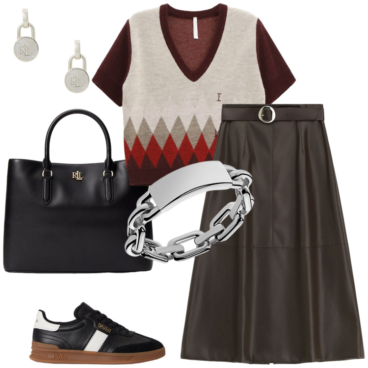 Outfit donna - Minimal autunnale. Stile Minimal per Tutti i giorni. Abbinamento con maglieria, gonne lunghe, anelli, borse a mano, orecchini, sneakers.