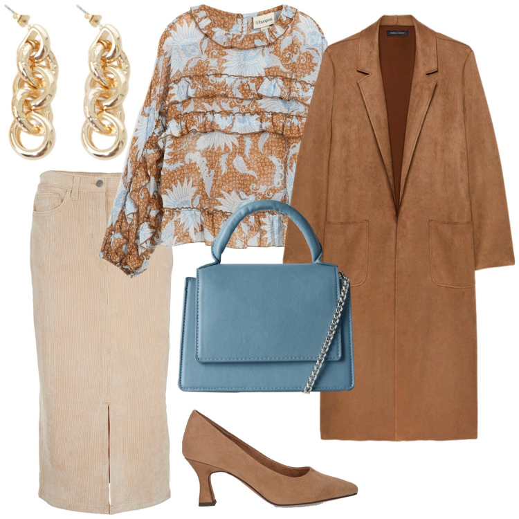 Outfit donna - La gonna di velluto. per Tutti i giorni. Abbinamento con bluse, gonne longuette, borse a tracolla, orecchini, trench, décolleté.