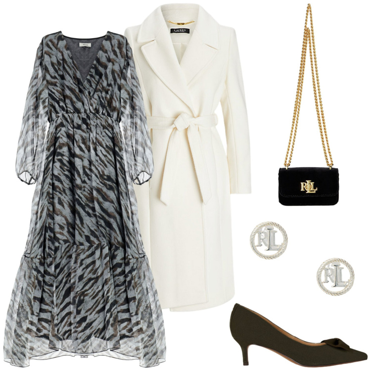 Outfit donna - Atmosfere romantiche. Stile Romantica per Serata fuori. Abbinamento con vestiti lunghi, orecchini, cappotti, décolleté, pochette.