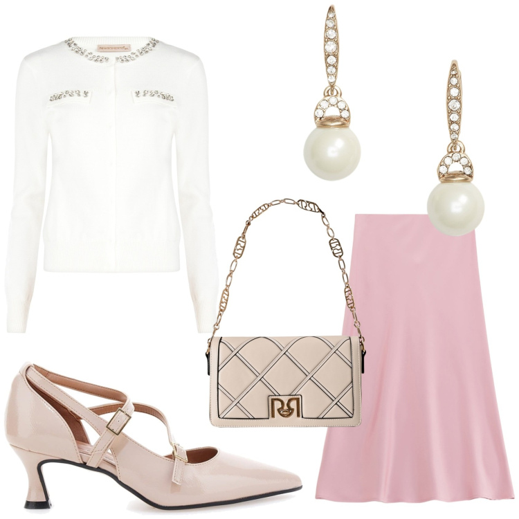 Outfit donna - Atmosfere romantiche rosa e bianco. Stile Bon Ton per Ufficio. Abbinamento con borse a tracolla, cardigans, gonne longuette, orecchini, décolleté.