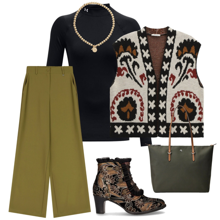 Outfit donna - Un po\' di folcrore. per Tutti i giorni. Abbinamento con gilet, pantaloni a palazzo, collane, borse tote, pullovers, stivaletti.