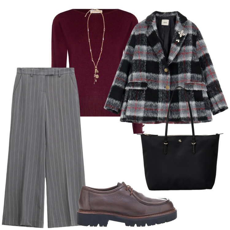 Outfit donna - La giacca a quadri. per Ufficio. Abbinamento con maglieria, pantaloni a palazzo, blazer, borse tote, scarpe stringate, ciondoli.