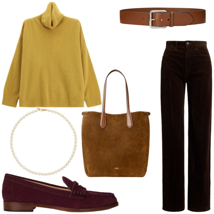 Outfit donna - Elevated casual. Stile Minimal per Tutti i giorni. Abbinamento con maglieria, cinture, borse tote, collane, mocassini, pantaloni.