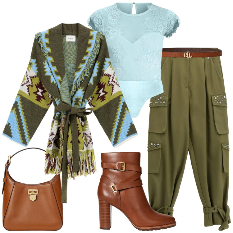Outfit donna - Autunno a colori. Stile Sporty chic per Tutti i giorni. Abbinamento con body, cappotti, pantaloni cargo, cinture, borse a tracolla, stivaletti.