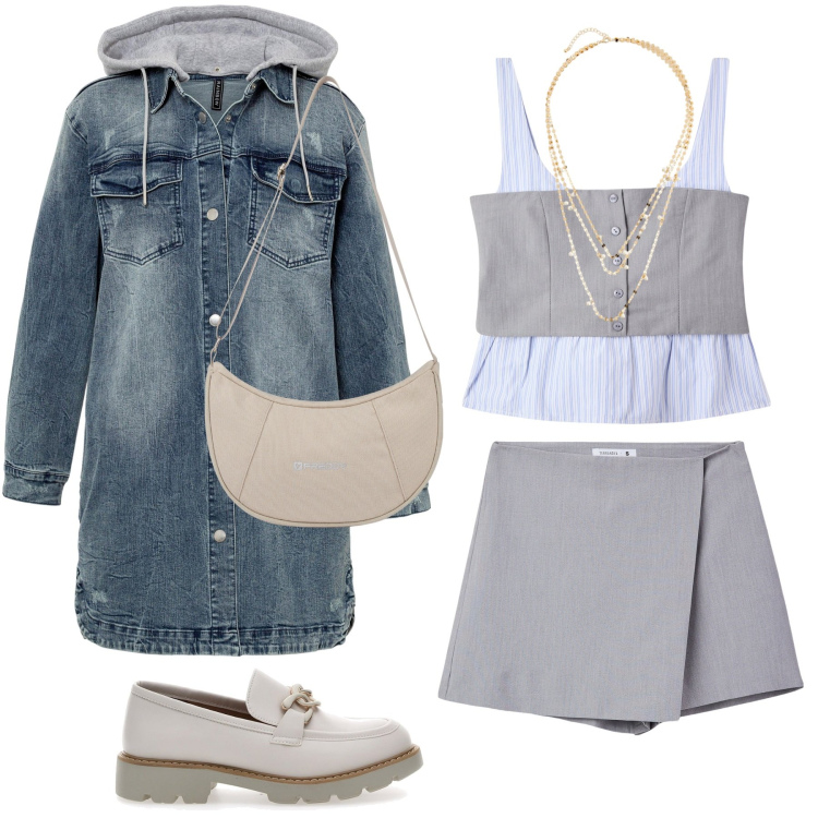 Outfit donna - Minimal autunnale. Stile Minimal per Tutti i giorni. Abbinamento con blazer, collane, top, minigonne, borse a spalla, mocassini.