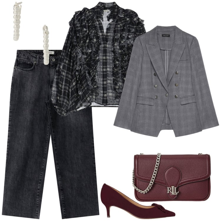 Outfit donna - In ufficio. per Ufficio. Abbinamento con jeans dritti, camicie, orecchini, décolleté, clutch, blazer.