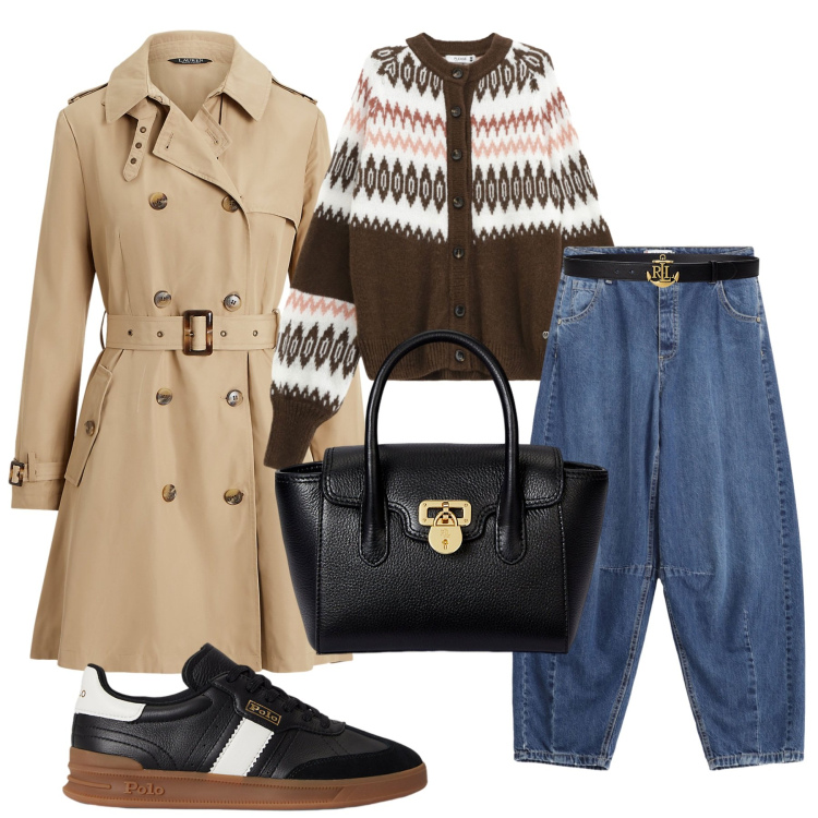 Outfit donna - Trench Season. Stile Sporty chic per Tutti i giorni. Abbinamento con jeans, cardigans, borse a mano, cinture, sneakers, trench.
