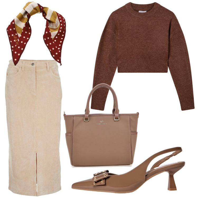 Outfit donna - Minimal autunnale. Stile Casual per Tutti i giorni. Abbinamento con gonne longuette, maglieria, décolleté, foulard, borse a tracolla.