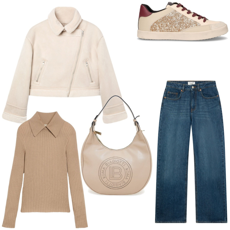 Outfit donna - Elevated casual autunnale. Stile Minimal per Tutti i giorni. Abbinamento con maglieria, jeans, giacche, sneakers, borse a spalla.