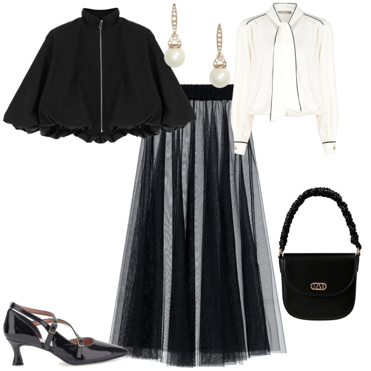 Outfit donna - Romantica chic. Stile Chic per Serata fuori. Abbinamento con gonne lunghe, bluse, borse a mano, bomber, orecchini, décolleté.