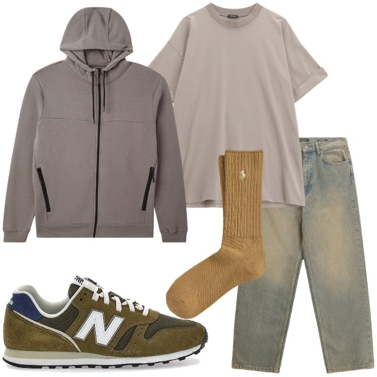 Outfit uomo - Passeggiata autunnale. Stile Casual per Tutti i giorni. Abbinamento con felpe con cappuccio, jeans, t-shirt, calzini, sneakers.