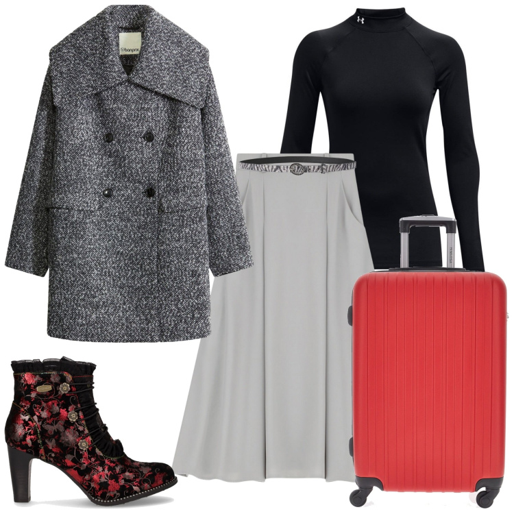 Outfit donna - Weekend in Alsazia. Stile Casual per Tutti i giorni. Abbinamento con cappotti, cinture, gonne lunghe, pullovers, valigie, stivaletti.