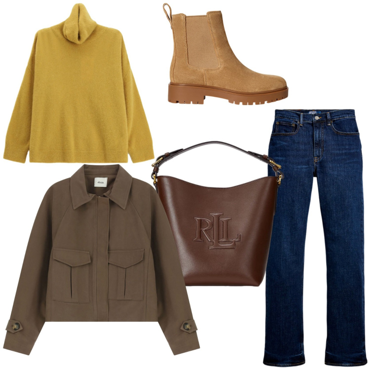 Outfit donna - Autunno a colori. Stile Casual chic per Tutti i giorni. Abbinamento con bomber, maglieria, borse a secchiello, jeans dritti, stivaletti chelsea.