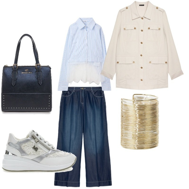 Outfit donna - Blue chic. Stile Minimal per Tutti i giorni. Abbinamento con camicie, braccialetti, pantaloni, borse a mano, scarpe stringate, blazer.
