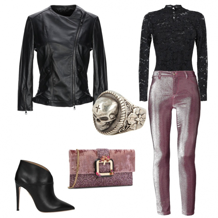 Outfit donna - Pizzo porpora e teschi rock. Stile Rock per Serata fuori. Abbinamento con jeans effetto laminato con zip elasticizzato, blusa con pizzo collo alto a maniche lunghe tinta unita, giubbotto collo tondo a maniche lunghe con zip interno foderato tinta unita, stivaletti nero, pochette con strass interno foderato in velluto, anello in argento 925 ipoallergenico.