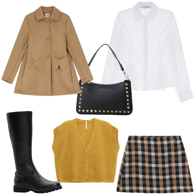 Outfit donna - Un tocco di giallo. Stile Chic per Tutti i giorni. Abbinamento con stivali, camicie, cardigans, pochette, minigonne, cappotti.