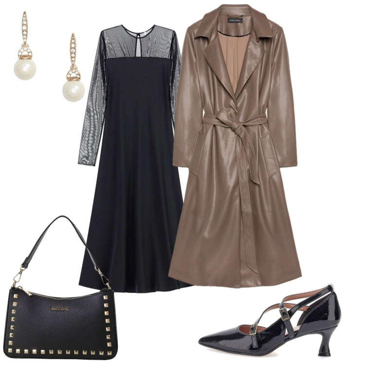 Outfit donna - Il trench particolare. Stile Chic per Serata fuori. Abbinamento con vestiti lunghi, pochette, orecchini, décolleté, trench.