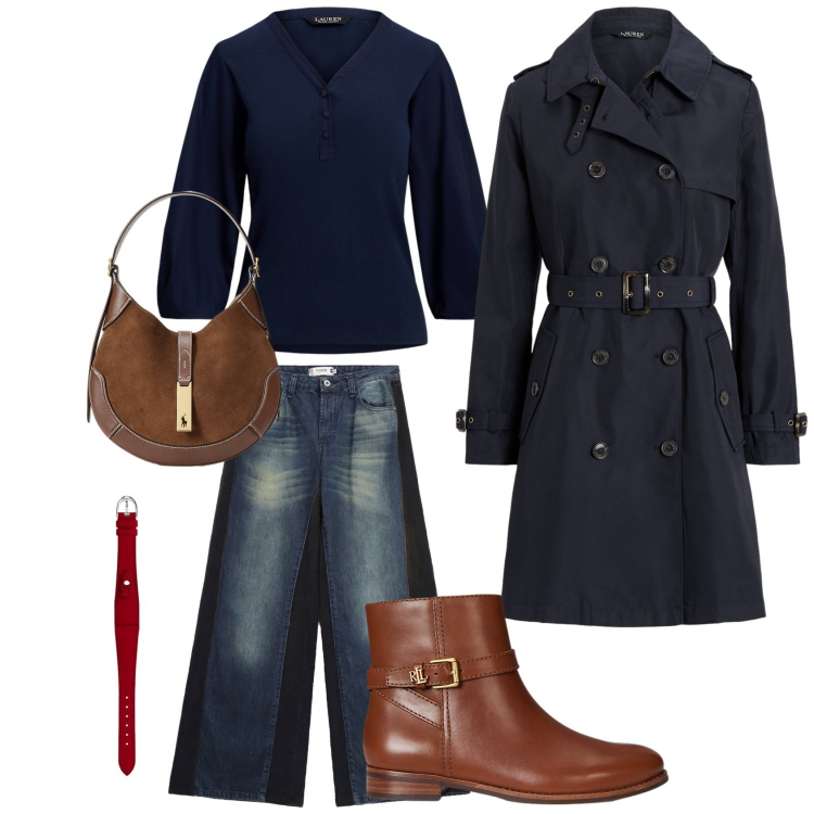 Outfit donna - Outfit d\'autunno. Stile Casual chic per Ufficio. Abbinamento con jeans a zampa, borse a spalla, stivaletti, maglieria, trench, orologi.