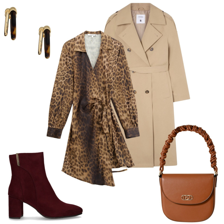 Outfit donna - Trench e abito. Stile Urban Abbinamento con trench, borse a mano, vestiti corti, orecchini, stivaletti.