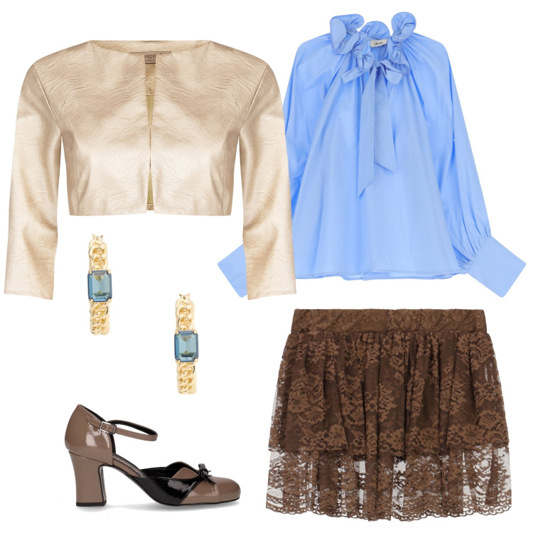 Outfit donna - Girl in brown. Stile Romantica per Ufficio. Abbinamento con bolero, camicie, minigonne, orecchini, décolleté.