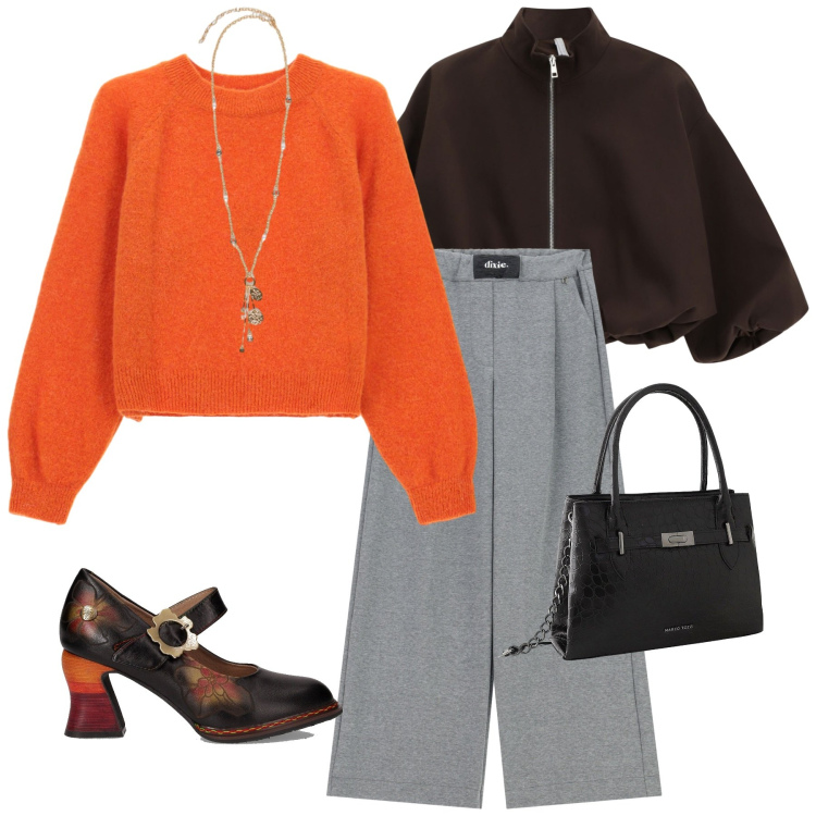 Outfit donna - Autunno a colori vivaci. Stile Trendy per Ufficio. Abbinamento con borse a mano, maglieria, bomber, pantaloni a palazzo, décolleté, ciondoli.