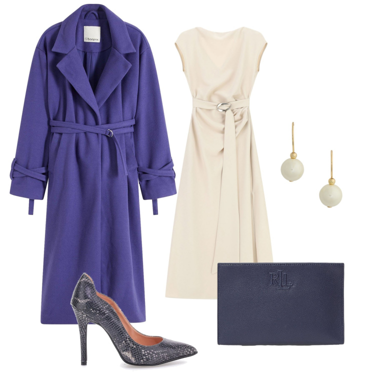 Outfit donna - Simply purple. Stile Bon Ton per Serata fuori. Abbinamento con cappotti, vestiti lunghi, orecchini, pochette, décolleté.