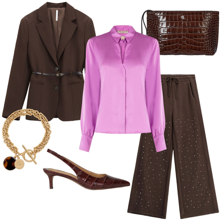 Outfit donna - Autunno a colori vivaci. Stile Glamour per Ufficio. Abbinamento con camicie, blazer, pantaloni, pochette, braccialetti con ciondoli, décolleté.