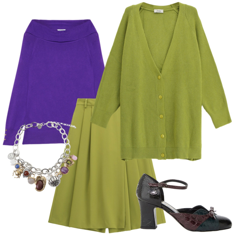 Outfit donna - Colori vivaci in autunno. Stile Casual chic per Ufficio. Abbinamento con pantaloni, décolleté, braccialetti con ciondoli, cardigans, maglieria.