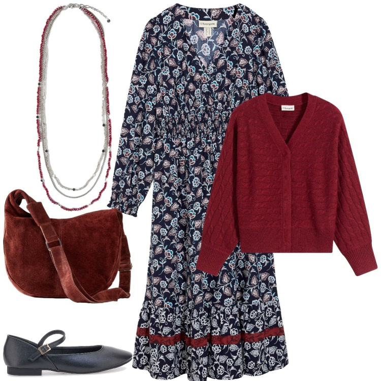 Outfit donna - Fiori d autunno. Stile Romantica per Tutti i giorni. Abbinamento con borse a mano, cardigans, vestiti lunghi, collane, ballerine.