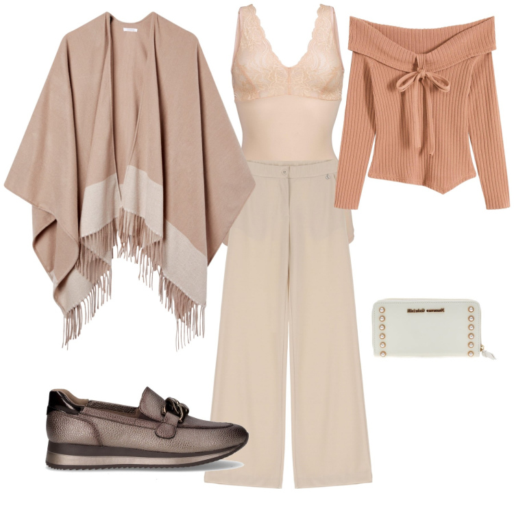 Outfit donna - Corro al market. Stile Casual per Tutti i giorni. Abbinamento con top, maglieria, cappe, pantaloni, portafogli, mocassini.