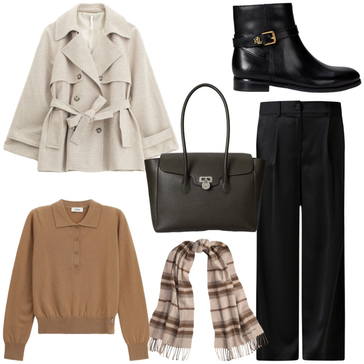 Outfit donna - British. Stile Casual chic per Tutti i giorni. Abbinamento con pantaloni, trench, pullovers, stivaletti, sciarpe, borse a mano.