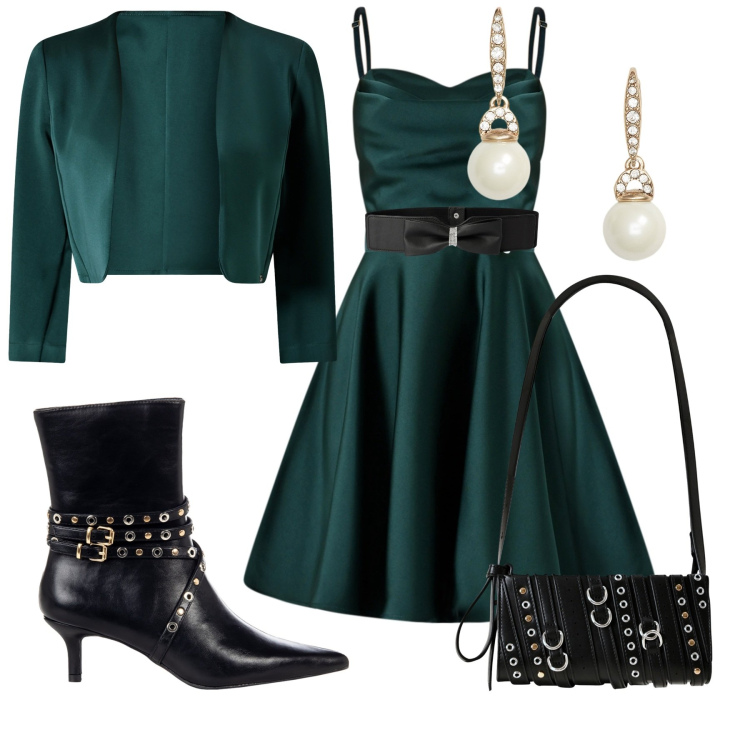 Outfit donna - Total look #2261049. Stile Glamour per Cerimonia. Abbinamento con cinture, vestiti corti, stivaletti, borse a spalla, bolero, orecchini.