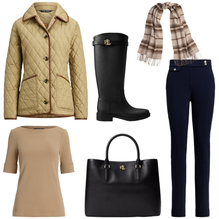 Outfit donna - Trendy in Wellington boot. Stile Trendy per Tutti i giorni. Abbinamento con borse a mano, t-shirt, sciarpe, stivali di gomma, giacche, pantaloni.