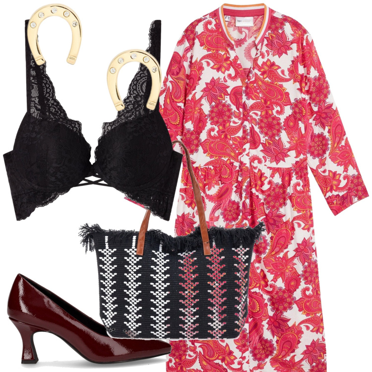 Outfit donna - Un vestito porta fortuna. Stile Urban per Tutti i giorni. Abbinamento con vestiti chemisier, reggiseni, orecchini, borse a spalla, décolleté.