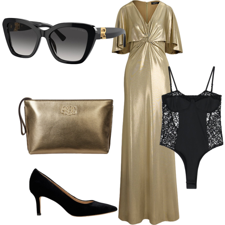 Outfit donna - Una vera diva. Stile Glamour per Serata fuori. Abbinamento con body, occhiali da sole, vestiti, pochette, décolleté.