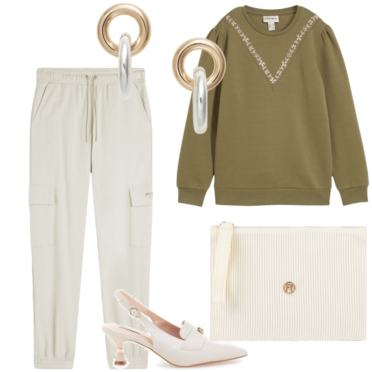 Outfit donna - In ufficio col maglione. Stile Basic per Ufficio. Abbinamento con felpe, pantaloni cargo, valigie, orecchini, décolleté.
