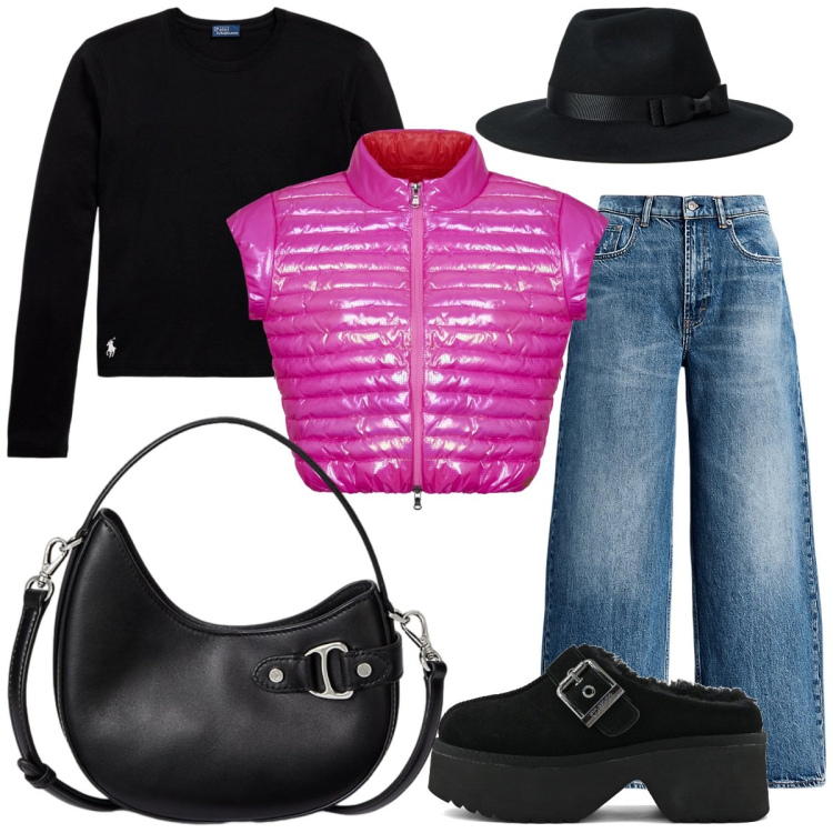 Outfit donna - Gilet fucsia. Stile Basic per Tutti i giorni. Abbinamento con blazer, t-shirt, jeans, borse a tracolla, cappelli, sabot.