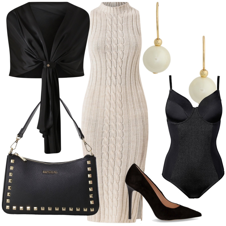 Outfit donna - Un abito in maglia portato da sera. Stile Chic per Serata fuori. Abbinamento con body, scialli, vestiti midi/longuette, pochette, orecchini, décolleté.