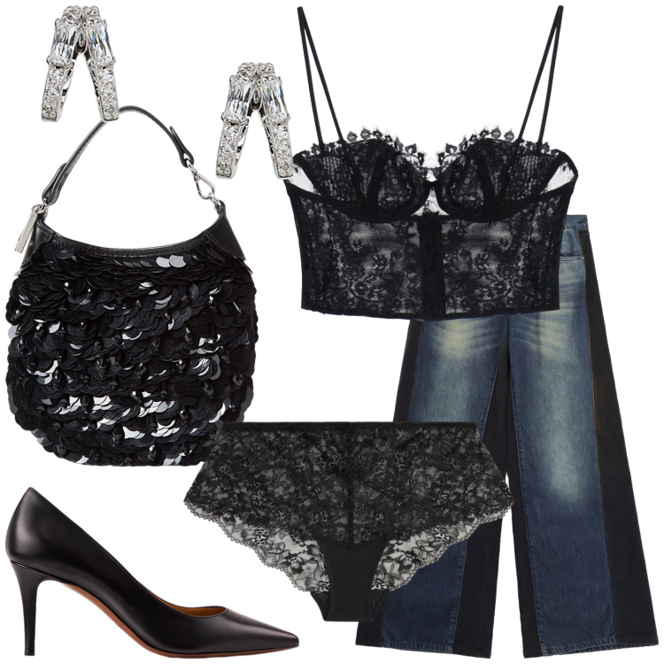 Outfit donna - Lace with jeans. Stile Glamour per Serata fuori. Abbinamento con jeans a zampa, top, orecchini, décolleté, culotte, pochette.